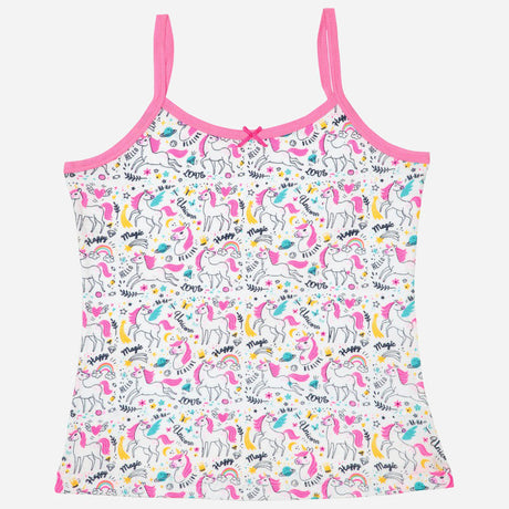 Girls' sleeveless camisole with pink trim and colorful unicorn print, kids innerwear