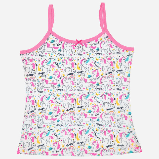 Girls' sleeveless camisole with pink trim and colorful unicorn print, kids innerwear
