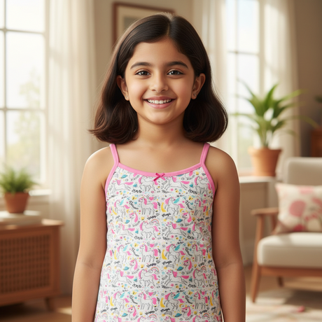 Smiling girl wearing printed camisole for kids in a bright, cozy living room.