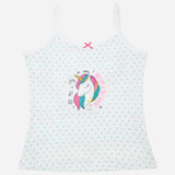 Girls white camisole with blue polka dots, unicorn print and pink bow, kids innerwear