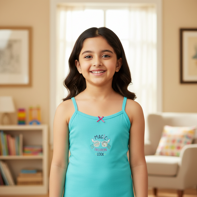 Smiling girl wearing turquoise kids camisole with 'Magic Fashion Look' print in a cozy living room