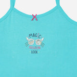Aqua blue kids camisole with pink bow and 'Magic Fashion Look' unicorn sunglasses print