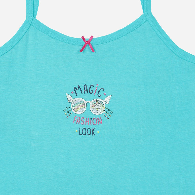 Aqua blue kids camisole with pink bow and 'Magic Fashion Look' unicorn sunglasses print