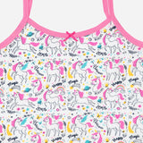 Kids camisole with colorful unicorn and rainbow print, pink trim, and whimsical patterns