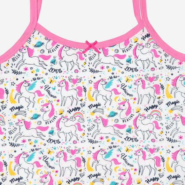 Kids camisole with colorful unicorn and rainbow print, pink trim, and whimsical patterns