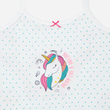 White kids camisole with blue polka dots and colorful unicorn print, pink bow accent