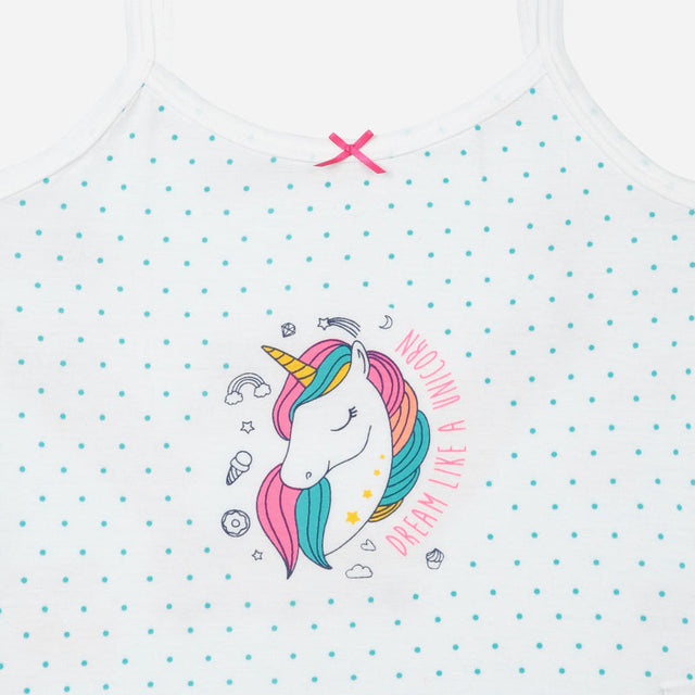 White kids camisole with blue polka dots and colorful unicorn print, pink bow accent