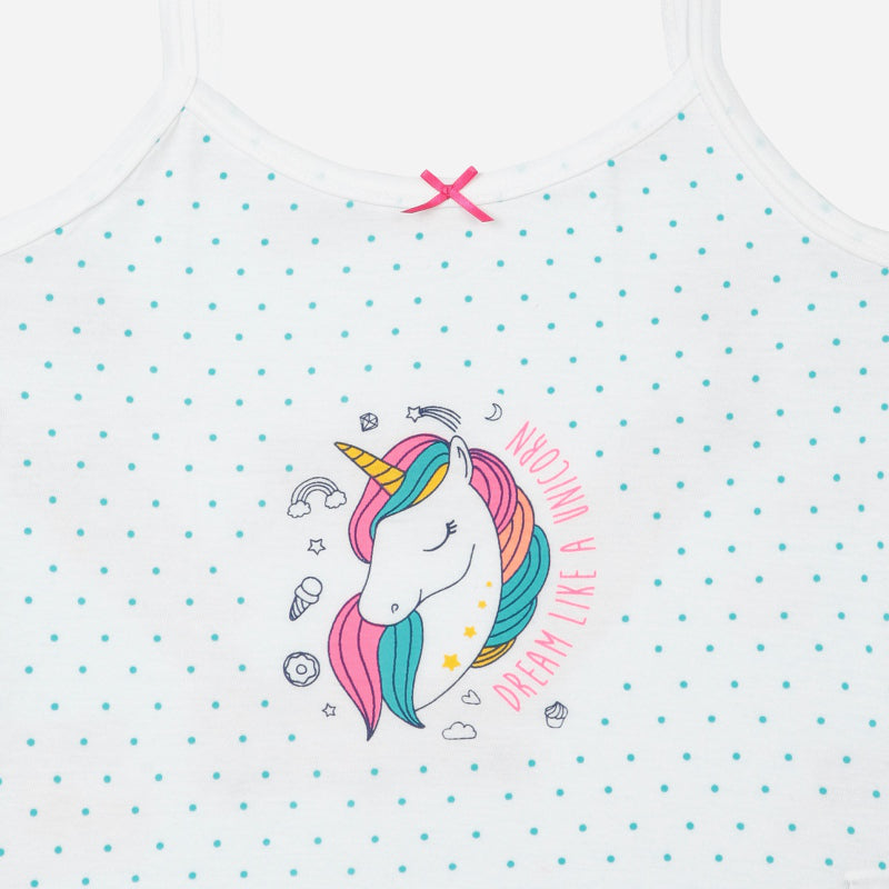 White kids camisole with blue polka dots and colorful unicorn print, pink bow accent