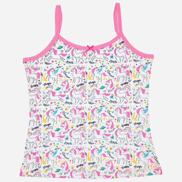 Girls’ camisole with colorful unicorn print, pink straps, soft innerwear for kids.