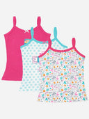 Set of three girls' cotton camisoles with colorful prints and adjustable straps