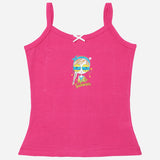 Pink girls' camisole with spaghetti straps and 'Hello Summer' graphic on front