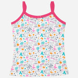 Girls' camisole with colorful flamingo, leaf, and sun print, pink straps and trim