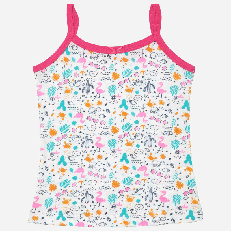 Girls' camisole with colorful flamingo, leaf, and sun print, pink straps and trim