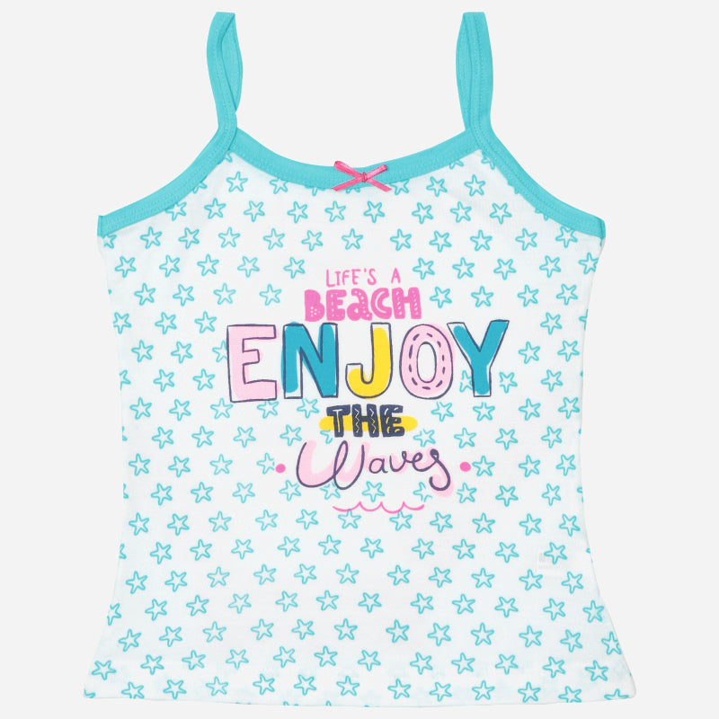 Kids light blue camisole with star print and 'Life's a Beach Enjoy the Waves' text design