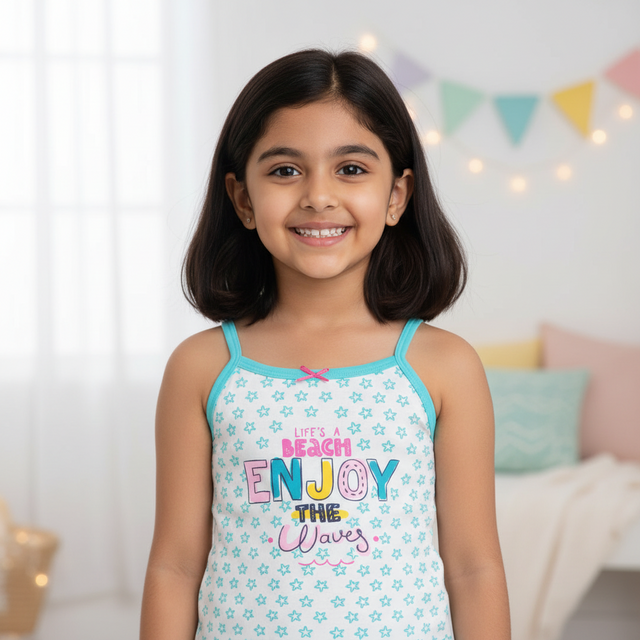 Smiling girl in blue star print kids camisole with 'Enjoy the Waves' text, indoor setting