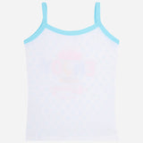 White kids camisole with blue trim and spaghetti straps, plain back view on white background.