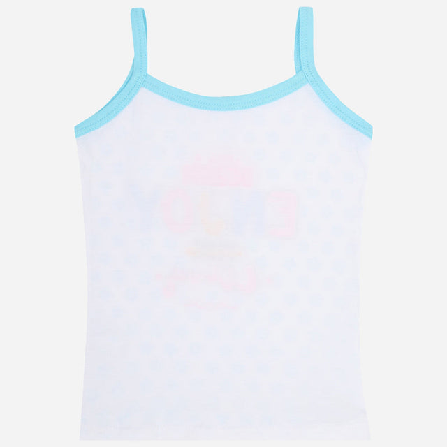 White kids camisole with blue trim and spaghetti straps, plain back view on white background.