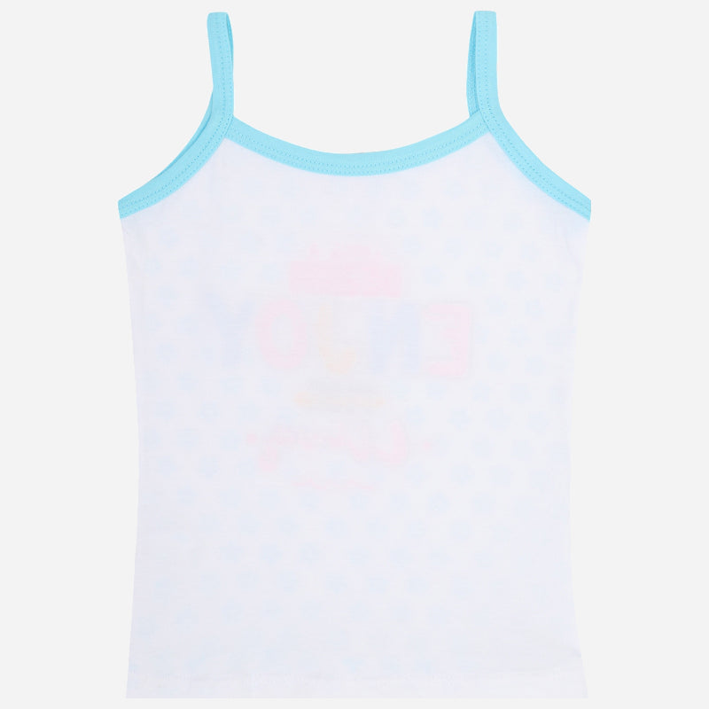 White kids camisole with blue trim and spaghetti straps, plain back view on white background.