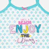 Aqua trim kids camisole top with all-over star print and colorful 'Life's a Beach Enjoy the Waves' text graphic.