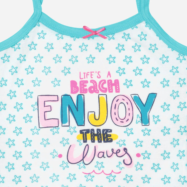 Aqua trim kids camisole top with all-over star print and colorful 'Life's a Beach Enjoy the Waves' text graphic.