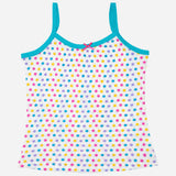Kids' white camisole with colorful polka dots and turquoise straps, comfortable innerwear