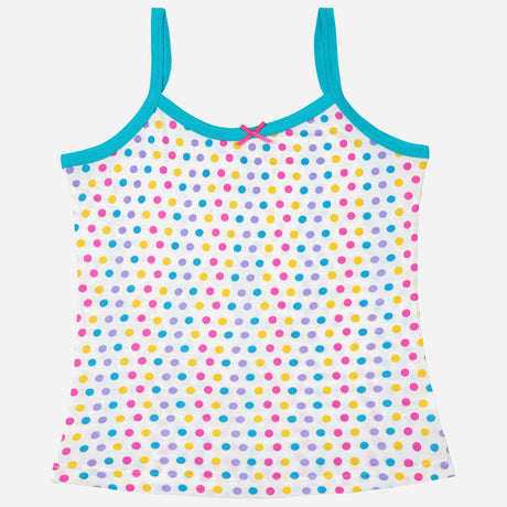 Kids' white camisole with colorful polka dots and turquoise straps, comfortable innerwear