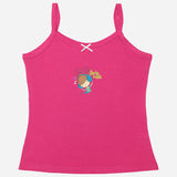 Pink girls camisole with cartoon and 'Girls rock' print, thin straps, and white bow accent