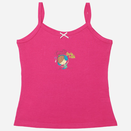 Pink girls camisole with cartoon and 'Girls rock' print, thin straps, and white bow accent
