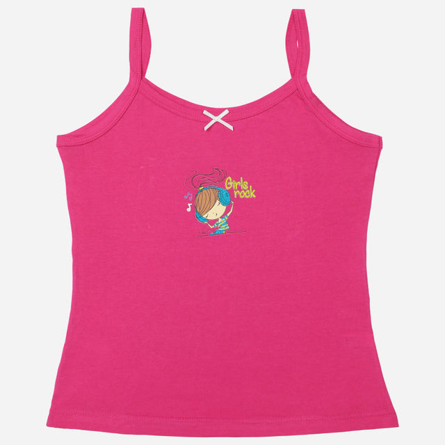 Pink girls camisole with cartoon and 'Girls rock' print, thin straps, and white bow accent