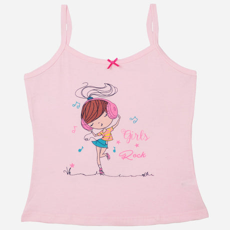 Pink girls camisole with cartoon girl, headphones, 'Girls Rock' text and musical notes.