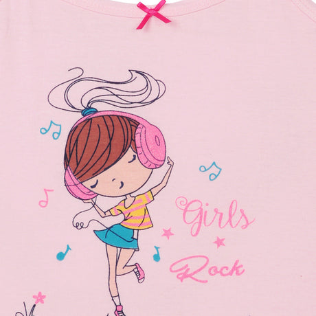 Pink kids innerwear top with cartoon girl in headphones, musical notes, and 'Girls Rock' text.