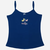 Navy blue girls' camisole with butterfly print and thin straps, comfortable kids innerwear