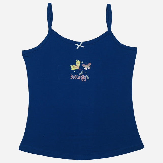 Navy blue girls' camisole with butterfly print and thin straps, comfortable kids innerwear