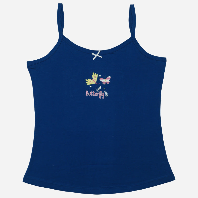 Navy blue girls' camisole with butterfly print and thin straps, comfortable kids innerwear