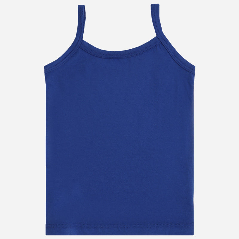 Blue kids camisole innerwear with spaghetti straps on white background
