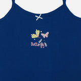 Blue kids camisole with butterfly print, floral accents, and thin straps