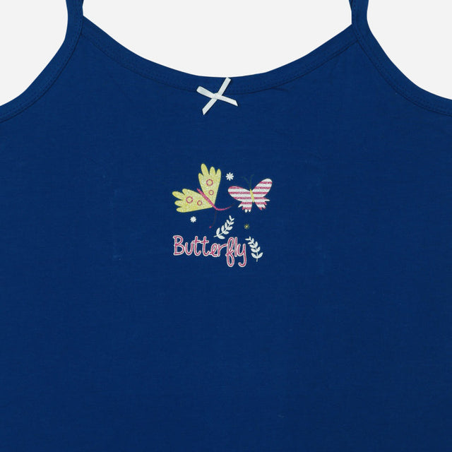 Blue kids camisole with butterfly print, floral accents, and thin straps