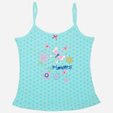 Girls' blue camisole with floral and butterfly print, adjustable straps, and 'Flowers' text