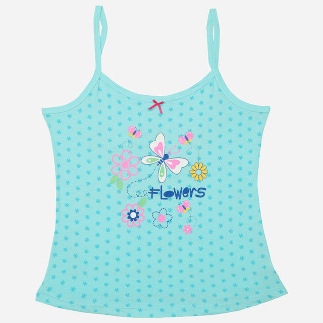 Girls' blue camisole with floral and butterfly print, adjustable straps, and 'Flowers' text
