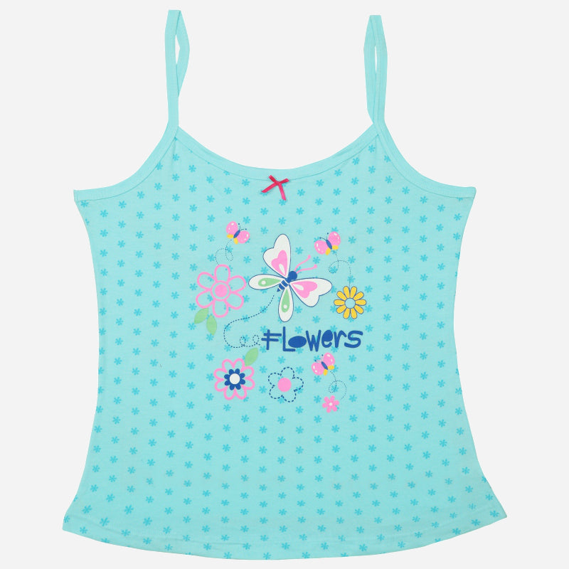 Girls' blue camisole with floral and butterfly print, adjustable straps, and 'Flowers' text