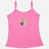 Pink girls' camisole with adjustable straps and cartoon sisters print on front