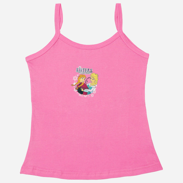 Pink girls' camisole with adjustable straps and cartoon sisters print on front