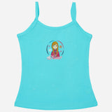 Aqua blue girls' camisole with cartoon Anna print and snowflake design, kids innerwear.