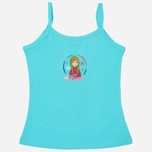 Aqua blue girls' camisole with cartoon Anna print and snowflake design, kids innerwear.