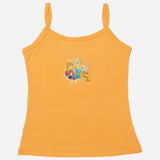 Orange kids camisole with cartoon girl print and 'Let the Magic Flow' text, soft innerwear