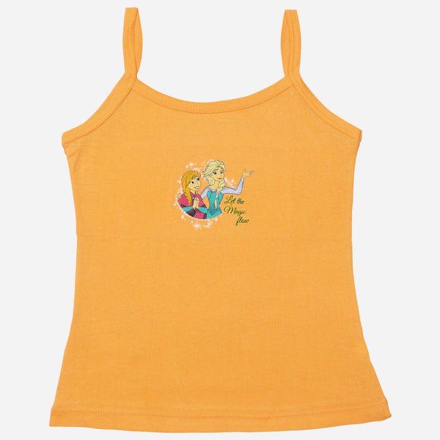Orange kids camisole with cartoon girl print and 'Let the Magic Flow' text, soft innerwear