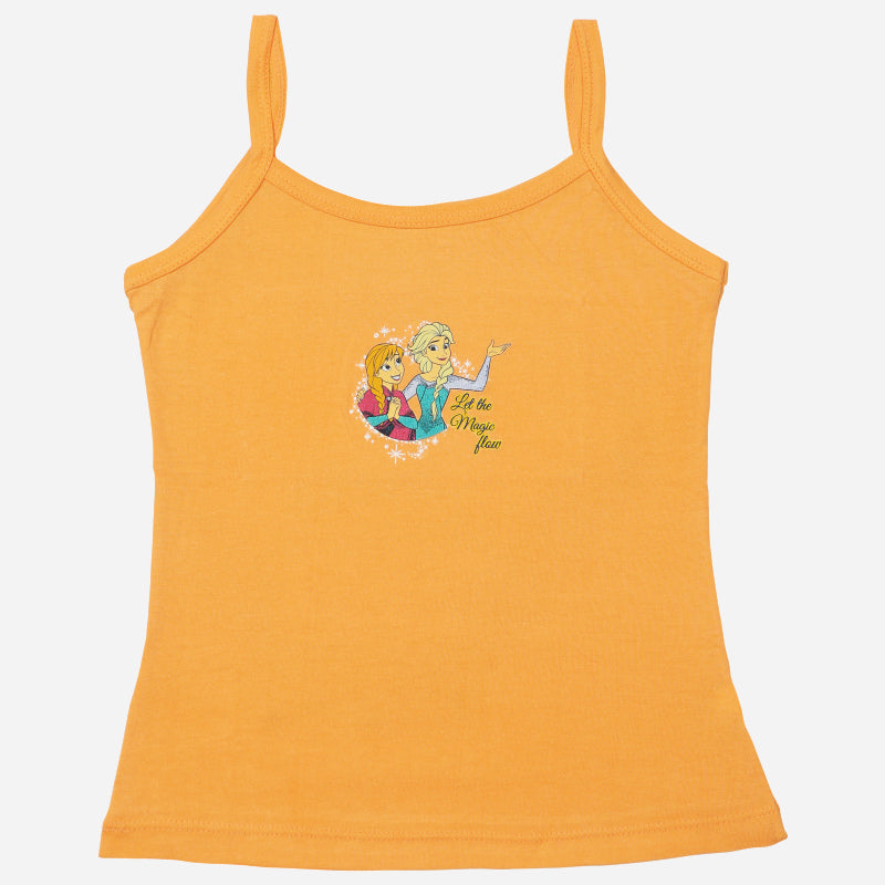 Orange kids camisole with cartoon girl print and 'Let the Magic Flow' text, soft innerwear