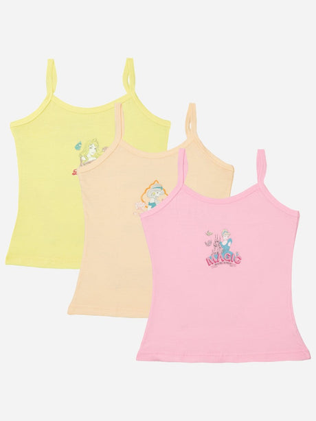 Set of three girls cami tops in pastel yellow, peach, and pink with cartoon prints