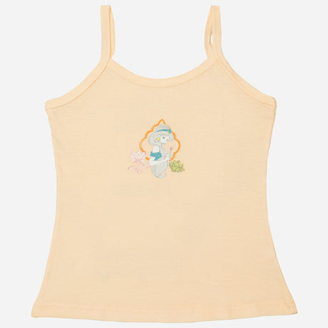 Peach kids camisole with cartoon print, thin straps, soft cotton innerwear