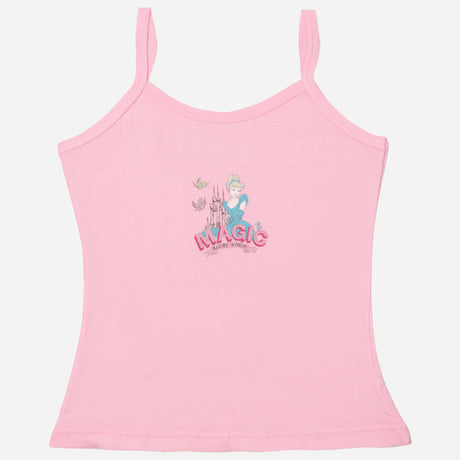 Pink girls camisole with cartoon princess and castle print, soft kids innerwear